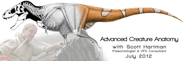 Advanced Creature Anatomy course banner: a tyrannosaur skeletal and muscle reconstruction over a photo of Scott Hartman