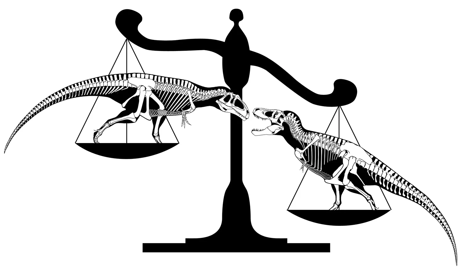 A balance scale weighing a Giganotosaurus skeletal against a Tyrannosaurus rex skeletal, the two pans roughly level