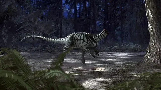 Dinosaur Revolution CG still of a striped theropod running through a dark forest at night