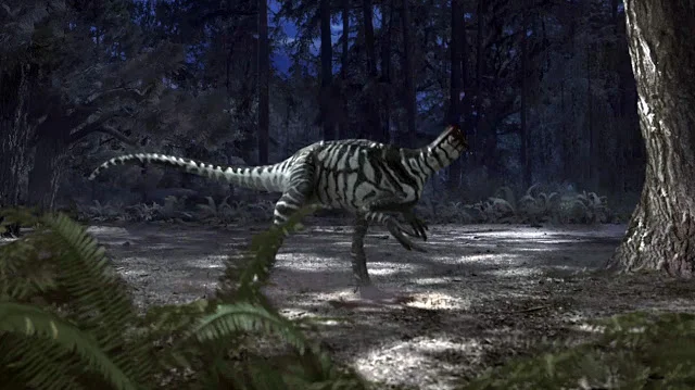 Dinosaur Revolution CG still of a striped theropod running through a dark forest at night