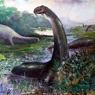 Charles Knight painting of a Brontosaurus half-submerged in a swamp with its long neck raised, another sauropod grazing on shore behind