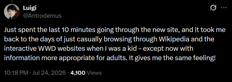 A tweet from Luigi favorably reviewing the new website, comparing the experience to the early days of Wikipedia and older, interactive WWD websites