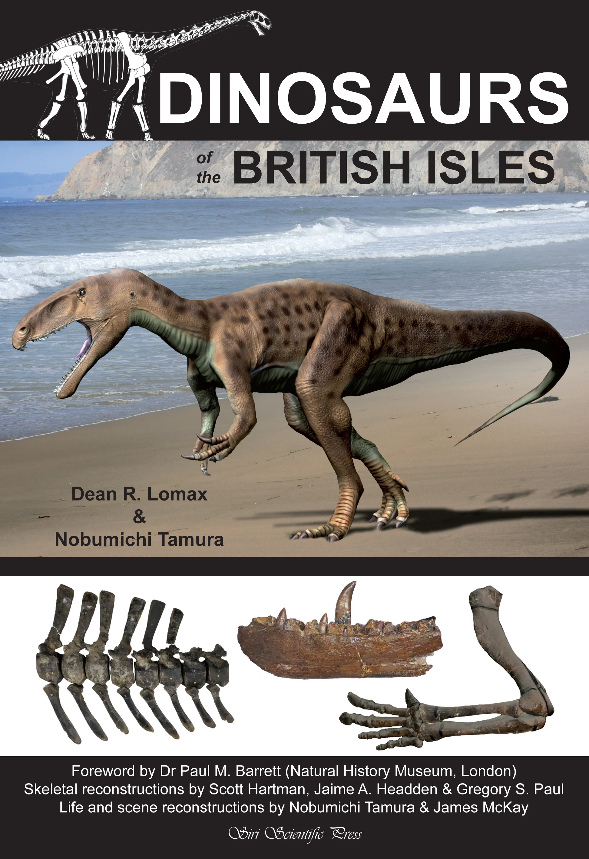Cover of the book Dinosaurs of the British Isles by Dean R. Lomax and Nobumichi Tamura, with a theropod life reconstruction on a beach and fossil photos below