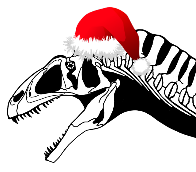 Close-up of a theropod skull and neck skeletal drawing wearing a Santa hat