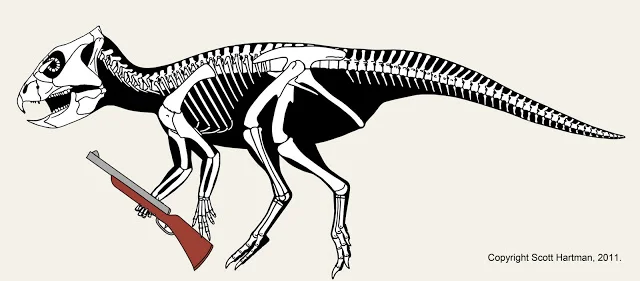 The Archaeoceratops skeletal in a sneaking pose, one hand holding a hunting rifle, a nod to Elmer Fudd