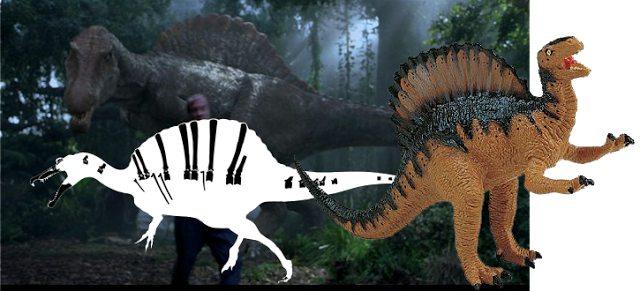 Montage comparing a Jurassic Park 3 Spinosaurus still, a white Spinosaurus skeletal silhouette, and a Spinosaurus toy figure