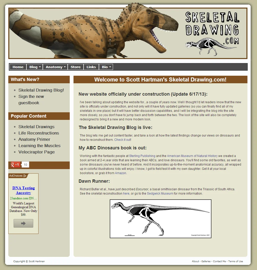 Screenshot of the tan-and-brown Skeletal Drawing 2.0 website, with a painted Tyrannosaurus banner and a black-and-white theropod skeletal